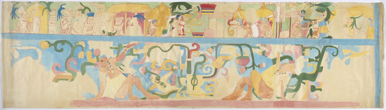 Copy of a mural painting from the south west wall, Upper Temple of the Jaguars, Chichen Itza, Mexico (watercolor & bodycolour) 作者 阿黛拉·布雷顿（Adela Breton）