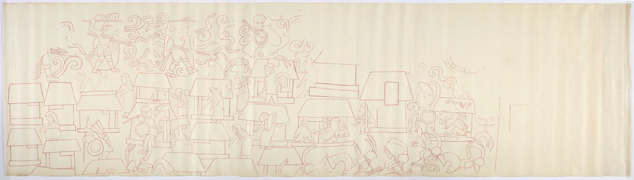 墨西哥奇琴伊察美洲虎上庙西墙南面壁画的描摹件（红墨水）。 作者 阿黛拉·布雷顿（Adela Breton）