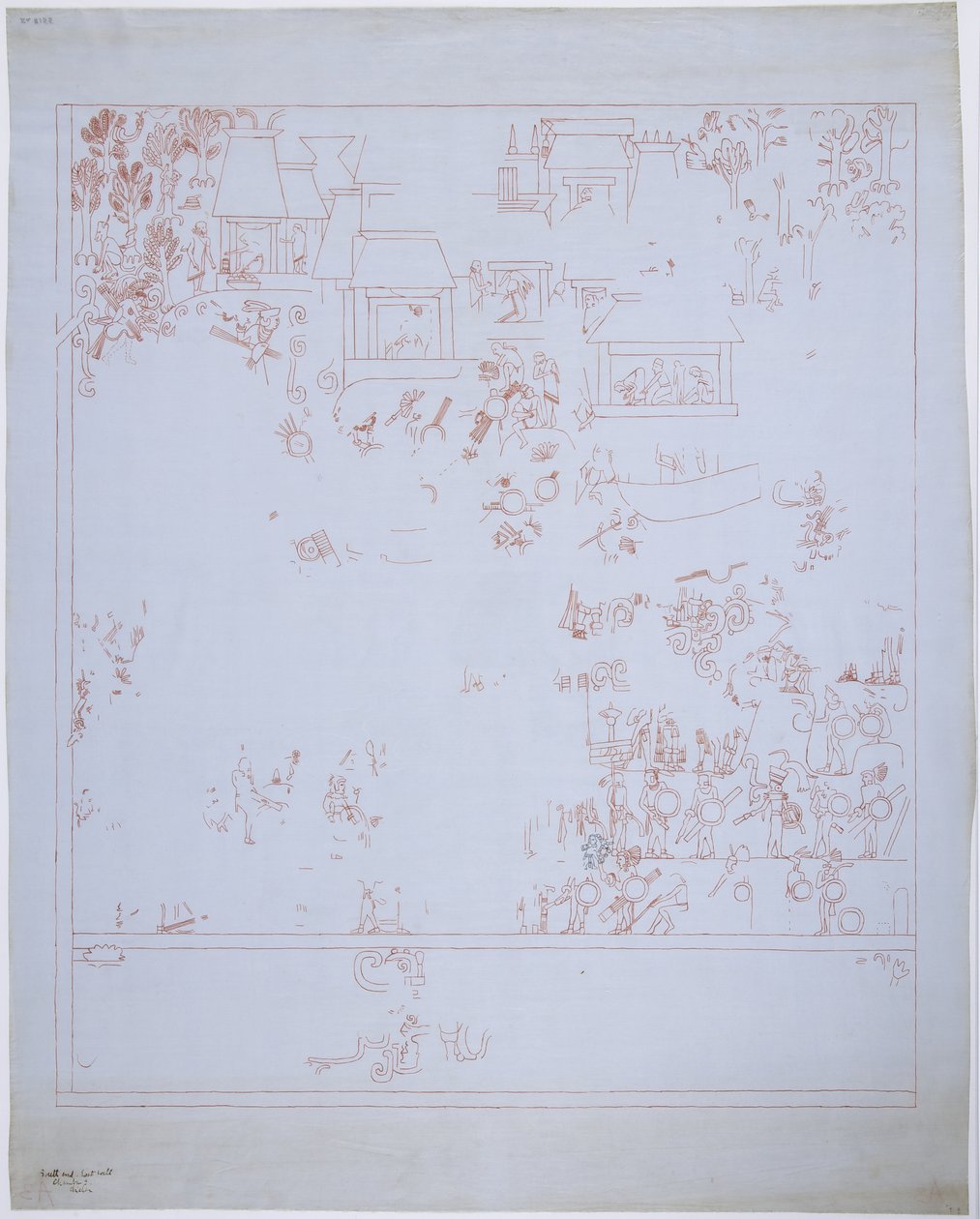 墨西哥奇琴伊察美洲虎上圣殿东墙壁画复制品 红墨水线（红黑墨水） 作者 阿黛拉·布雷顿（Adela Breton）