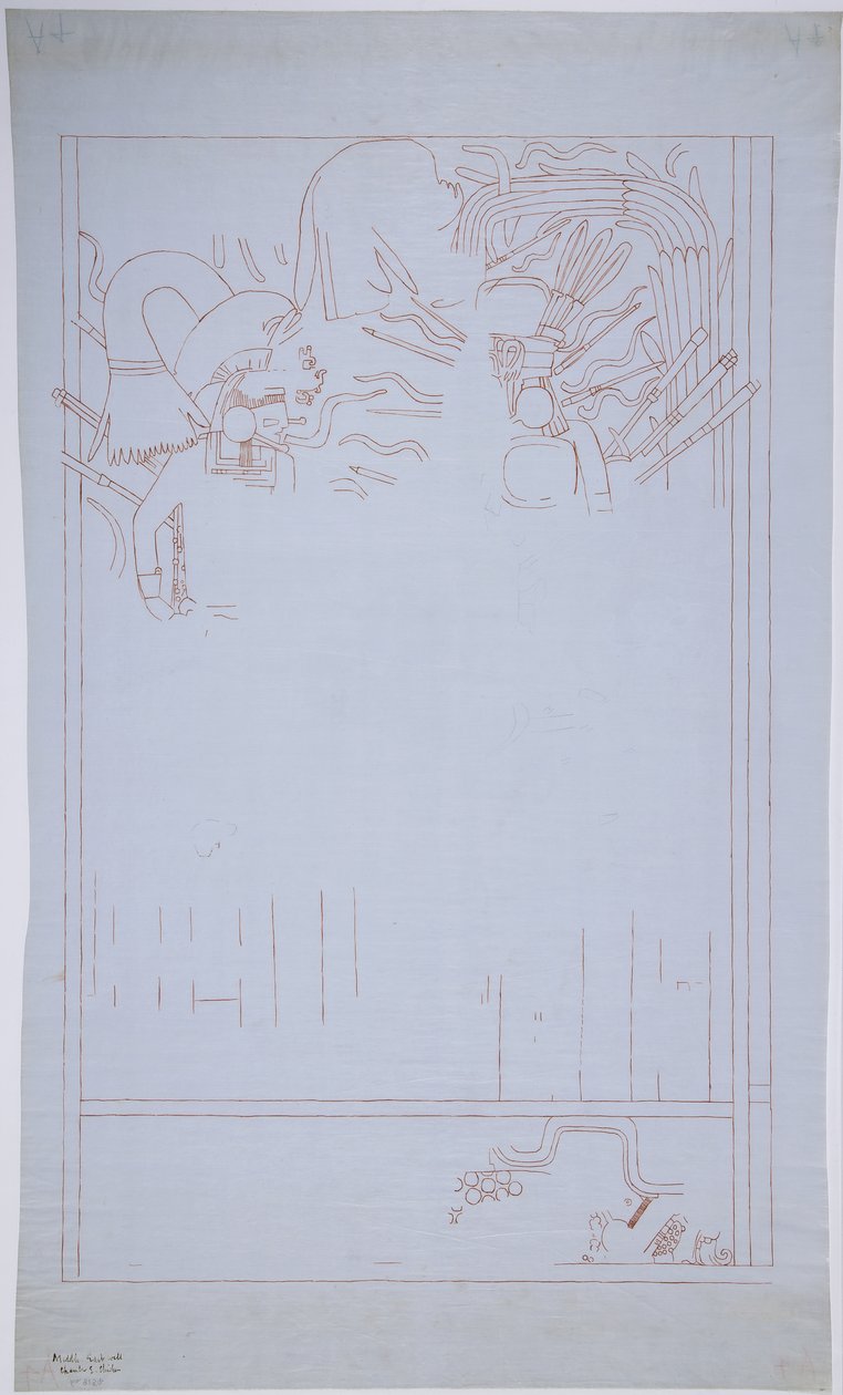 墨西哥奇琴伊察美洲虎上圣殿东墙壁画的复制品   （红色墨水和石墨） 作者 阿黛拉·布雷顿（Adela Breton）