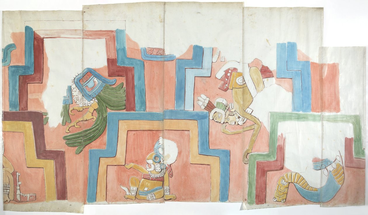 阿坎奇金字塔上寺庙的灰泥外墙副本（水彩） 作者 阿黛拉·布雷顿（Adela Breton）