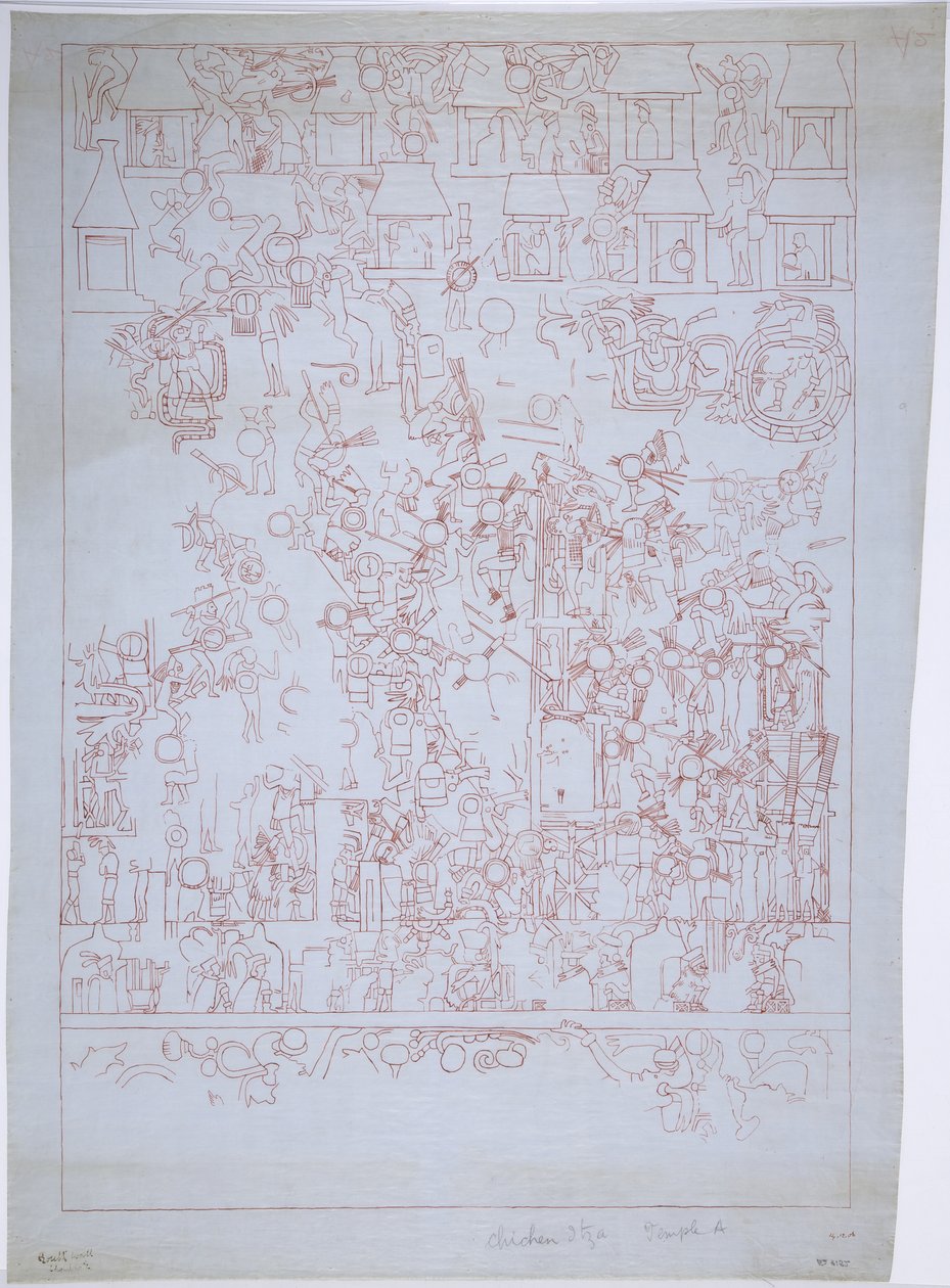 墨西哥奇琴伊察美洲虎上庙南墙图（红墨）。 作者 阿黛拉·布雷顿（Adela Breton）