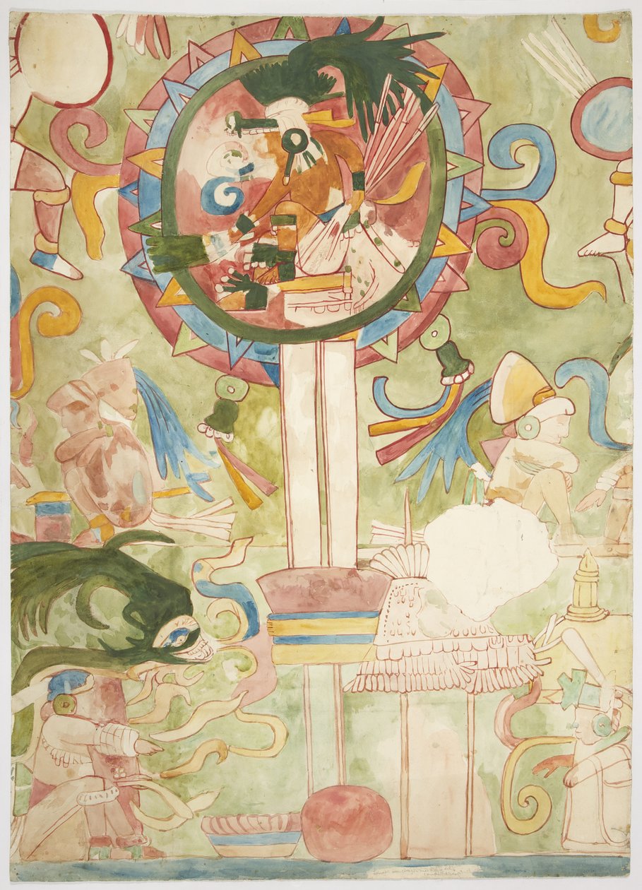 描绘墨西哥奇琴伊察美洲虎上圣殿西墙南面板的一部分的绘画（水彩，体色，石墨） 作者 阿黛拉·布雷顿（Adela Breton）