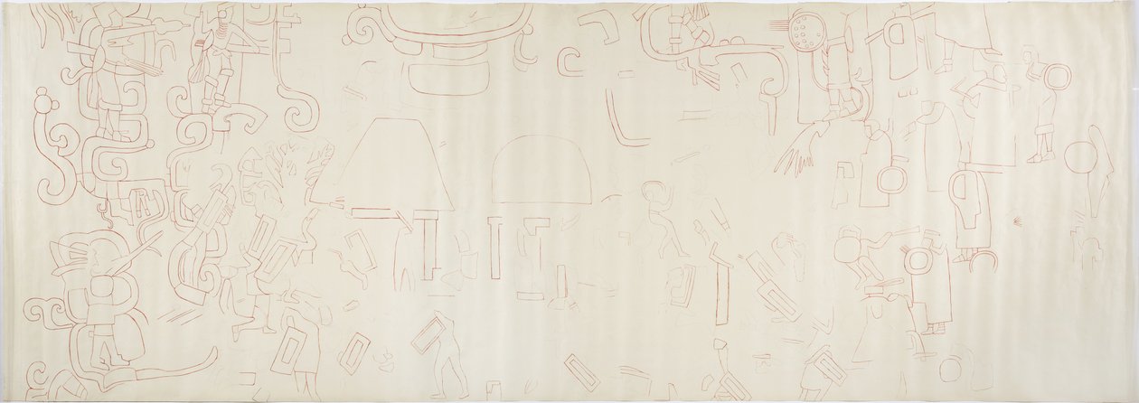 北壁绘画，美洲虎上庙，奇琴伊察，墨西哥中心部分（红色墨水和石墨） 作者 阿黛拉·布雷顿（Adela Breton）