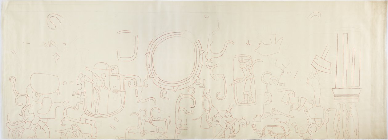 北壁绘画，美洲虎上庙，奇琴伊察，墨西哥 北区（红色墨水和石墨） 作者 阿黛拉·布雷顿（Adela Breton）