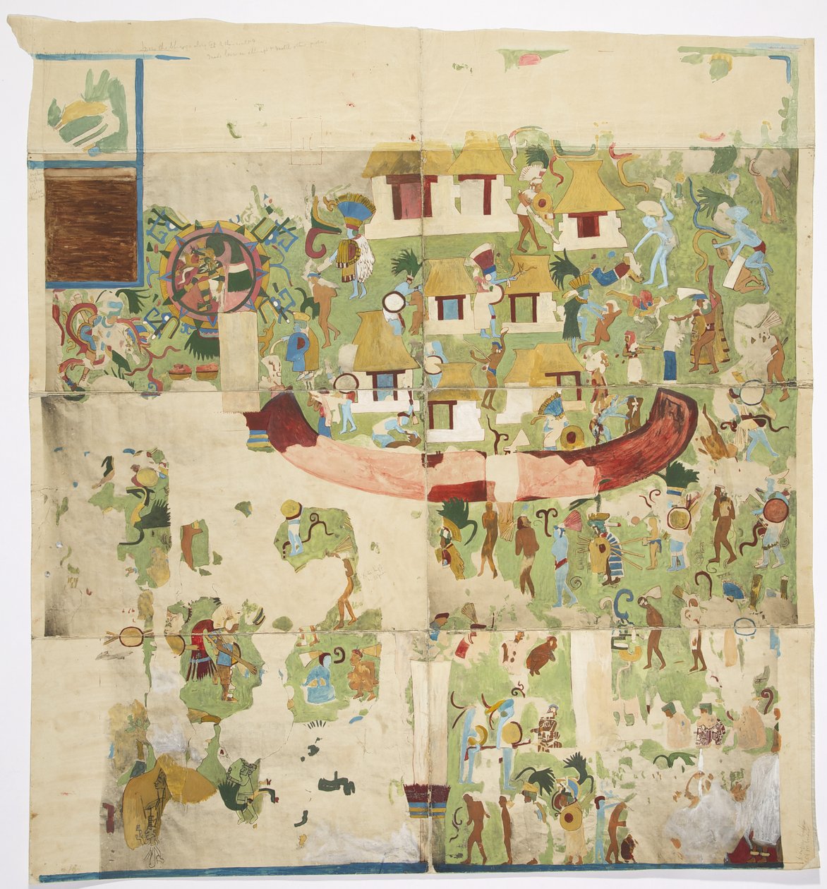 Painting of a mural from the north panel on the west wall, Temple A, Great Ball Court, Chichen Itza Yucatan, Mexico (photograph & watercolor) 作者 阿黛拉·布雷顿（Adela Breton）