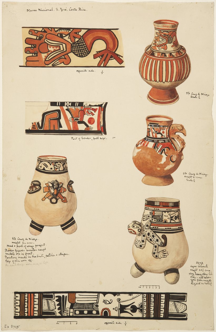 Aqua Caliente 和 Santa Cruz de Nicoya 的陶器和设计，哥斯达黎加（水彩） 作者 阿黛拉·布雷顿（Adela Breton）