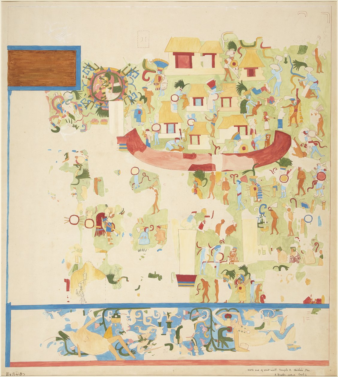 墨西哥奇琴伊察美洲虎上寺西墙北端壁画的四分之一复制品（水彩） 作者 阿黛拉·布雷顿（Adela Breton）