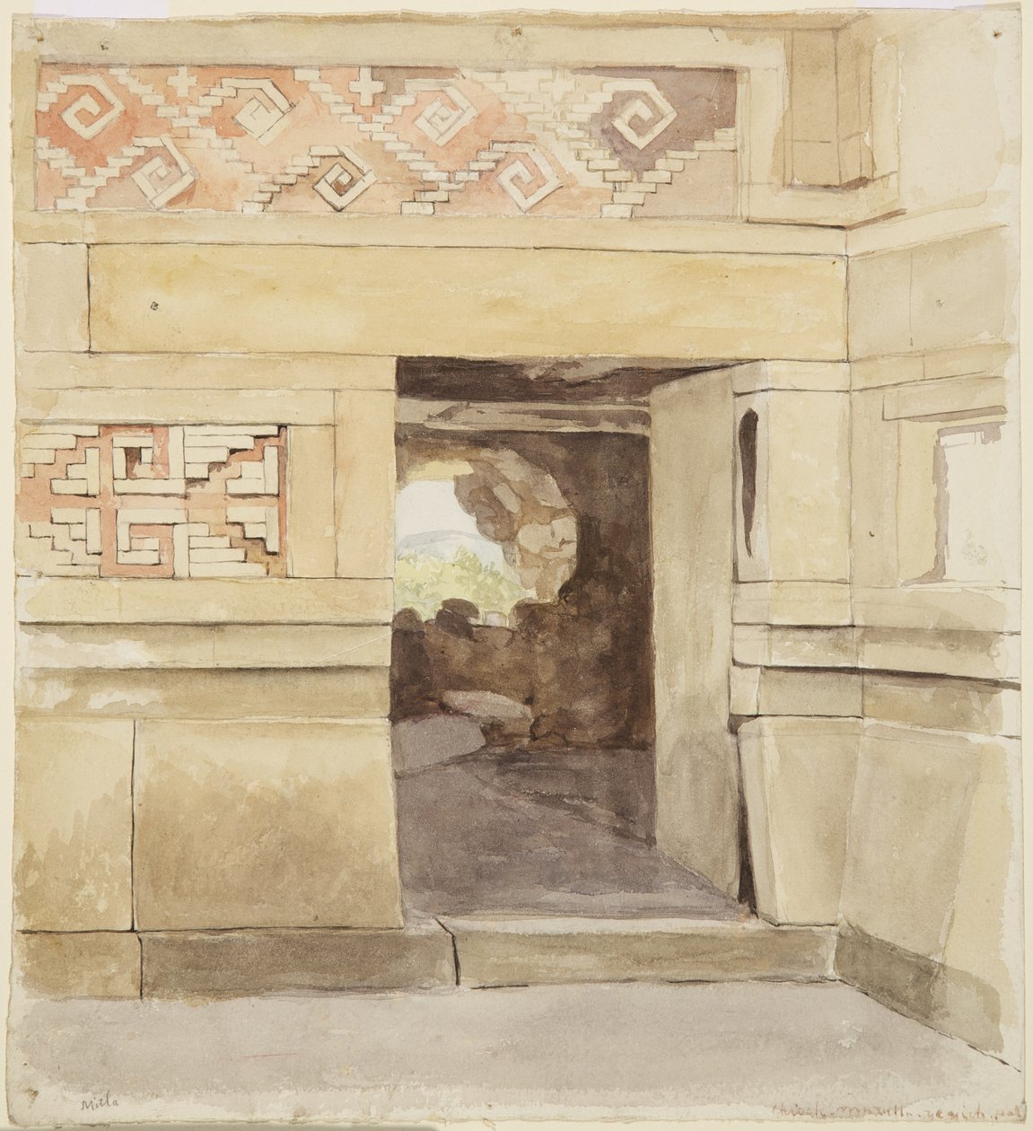 Ruined palace, Mitla 1894 (watercolor) 作者 阿黛拉·布雷顿（Adela Breton）