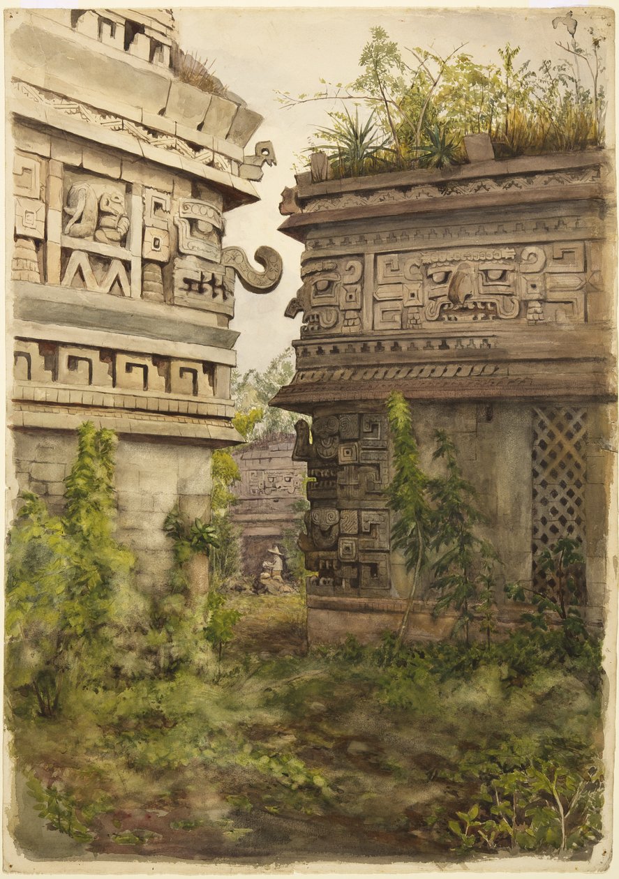 墨西哥奇琴伊察的场景（纸上水彩） 作者 阿黛拉·布雷顿（Adela Breton）