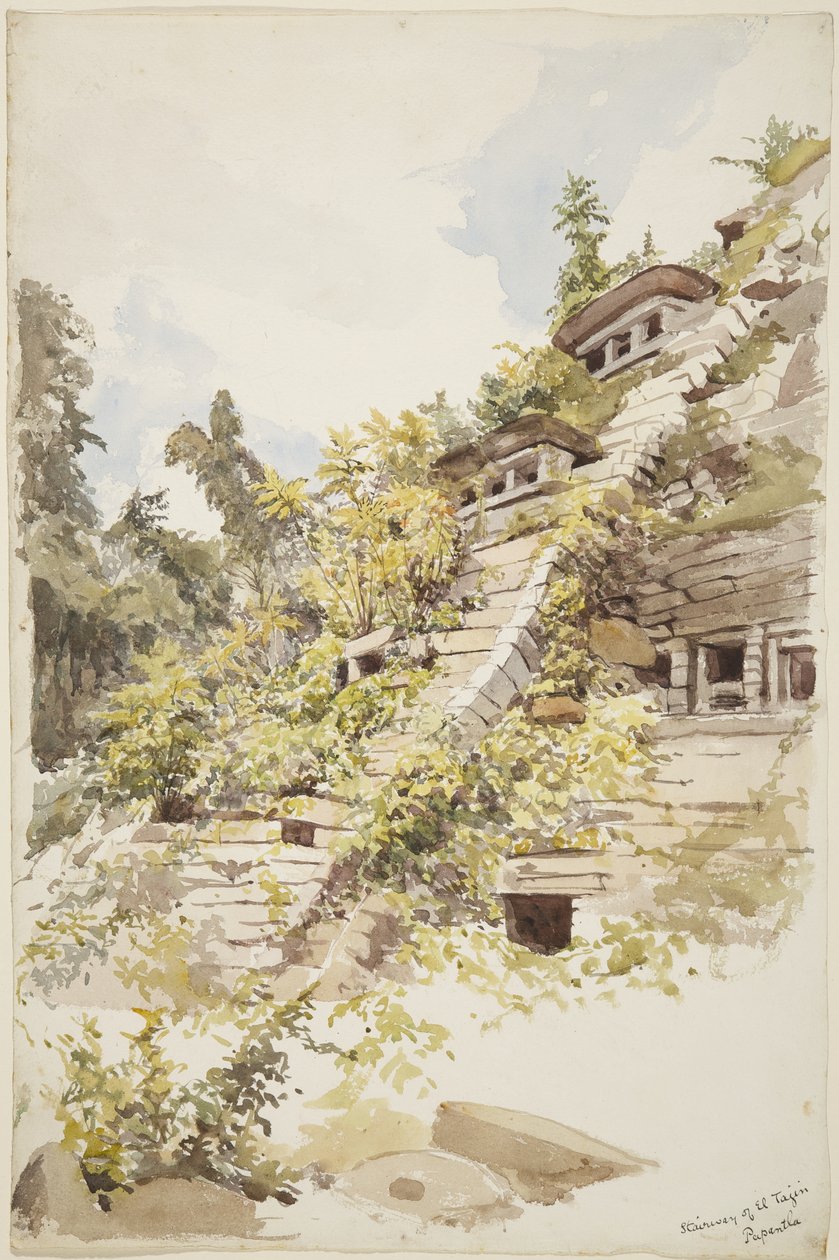 壁龛金字塔的楼梯，El Tajin，Papantla，墨西哥（水彩）。 作者 阿黛拉·布雷顿（Adela Breton）