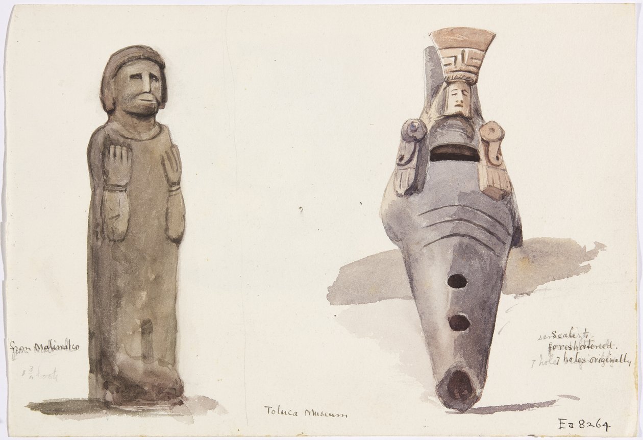 Stone figures from Malinalco, Toluca, Mexico (watercolor) 作者 阿黛拉·布雷顿（Adela Breton）