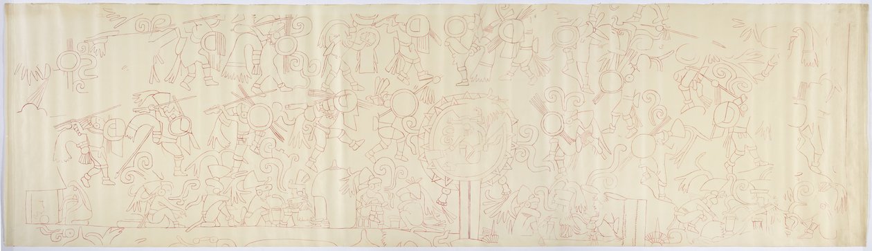 墨西哥奇琴伊察美洲虎上庙西墙的壁画追踪（红色墨水） 作者 阿黛拉·布雷顿（Adela Breton）
