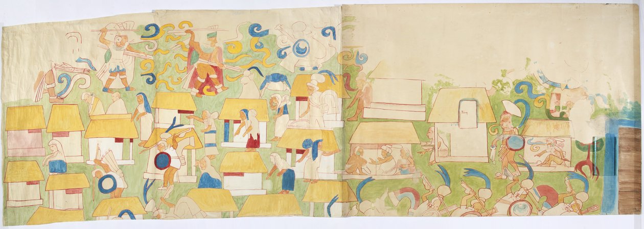 从墨西哥奇琴伊察美洲虎上寺西南墙追踪壁画（分为四部分 - a、b、c、d）   （水彩和体色） 作者 阿黛拉·布雷顿（Adela Breton）
