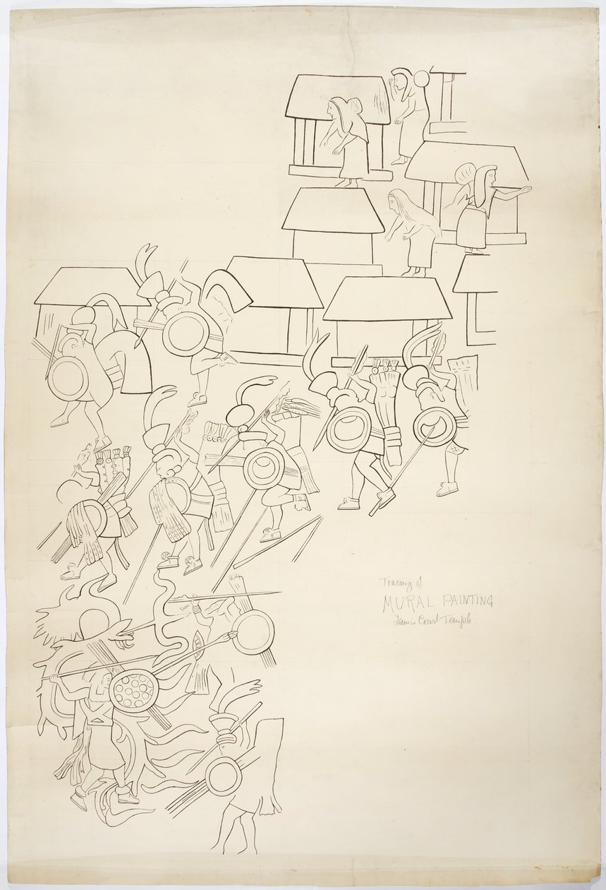 墨西哥奇琴伊察美洲虎上圣殿西墙壁画的描摹描摹（黑色墨水和石墨） 作者 阿黛拉·布雷顿（Adela Breton）