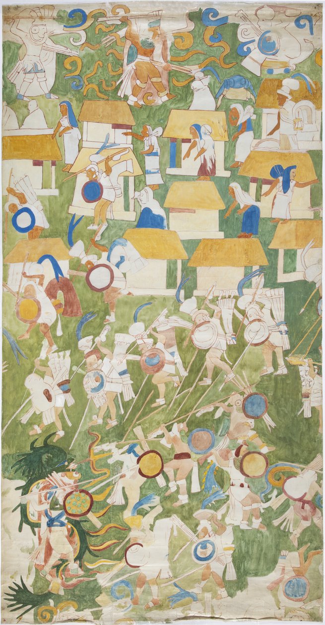 Tracing of a mural painting from the southern panel of the west wall, Upper Temple of the Jaguars, Chichen Itza, Mexico (watercolor & graphite) 作者 阿黛拉·布雷顿（Adela Breton）