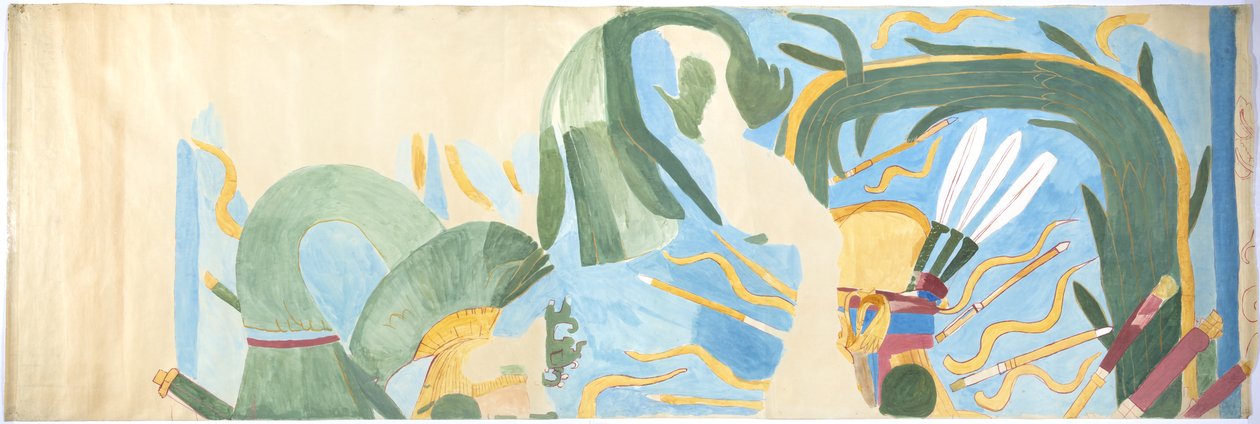 墨西哥奇琴伊察的壁画描摹 取自捷豹上庙大球庭中内室的东墙
 (水彩、体彩、石墨) 作者 阿黛拉·布雷顿（Adela Breton）