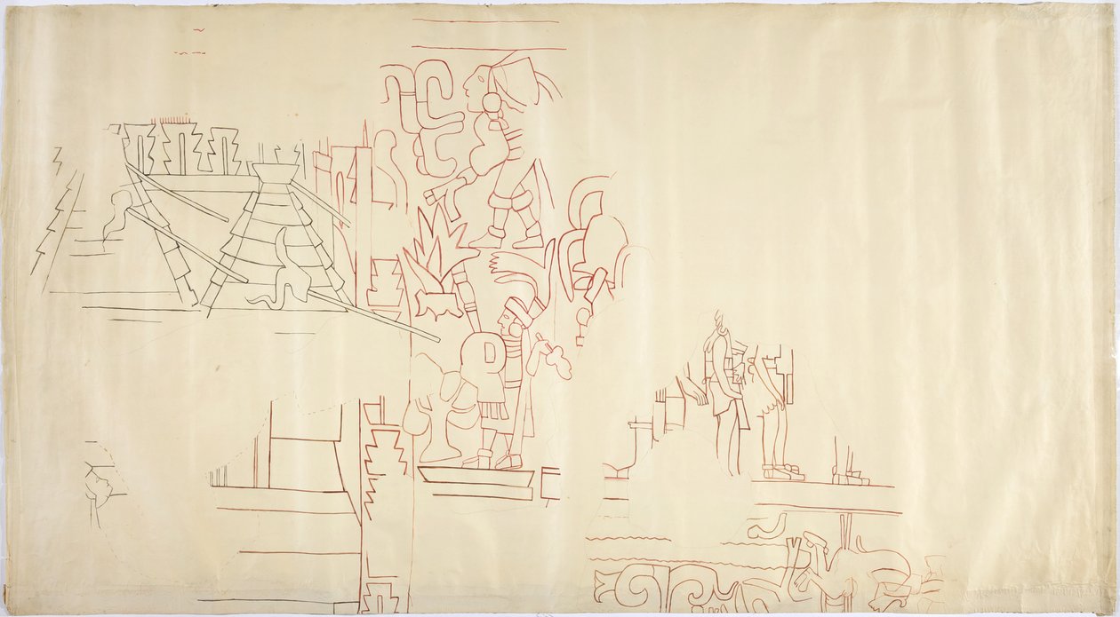 描绘墨西哥奇琴伊察 Casa de Monjas 的壁画 用黑色和红色墨水（红色和黑色墨水和石墨）描绘和上墨 作者 阿黛拉·布雷顿（Adela Breton）