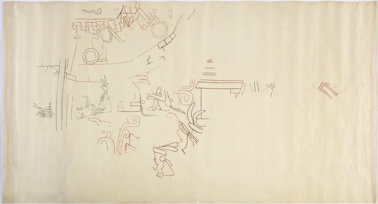 描绘墨西哥奇琴伊察 Casa de Monjas 壁画的大房间（红色、黑色和棕色墨水和石墨） 作者 阿黛拉·布雷顿（Adela Breton）