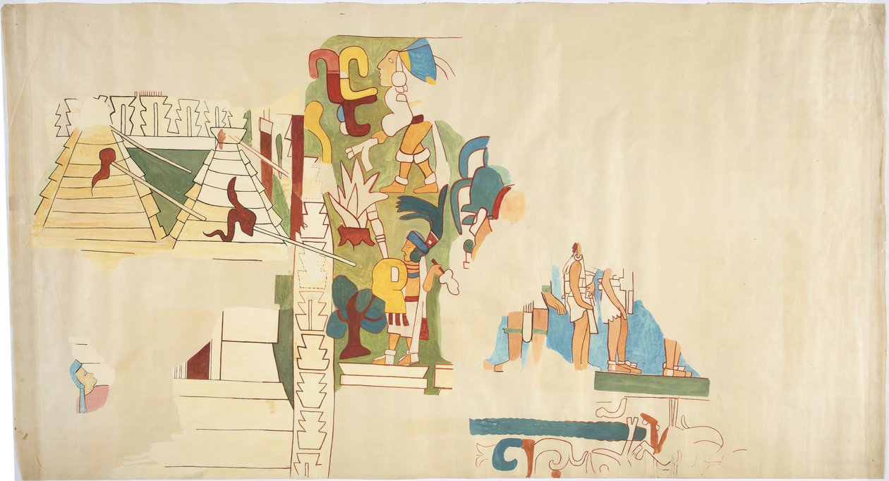墨西哥奇琴伊察Casa de Monjas壁画的描摹，描绘了大房间的拱顶描摹用黑色墨水涂抹，用水彩画出壁画北半部分的全比例轮廓（水彩、体彩、石墨）。 作者 阿黛拉·布雷顿（Adela Breton）