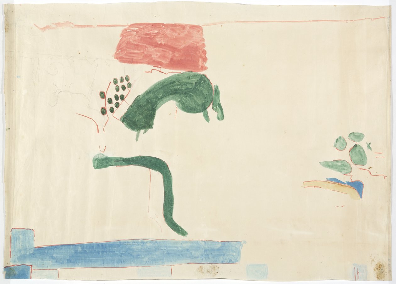Tracing of a wall painting from Chichen Itza, Mexico From the east wall, inner middle chamber, Upper Temple of the Jaguars, Great Ball Court   (watercolor, bodycolour, graphite) 作者 阿黛拉·布雷顿（Adela Breton）