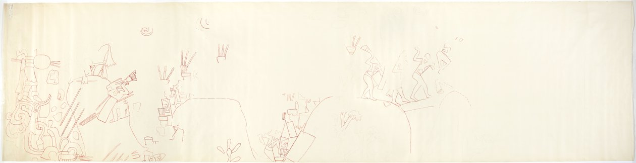 墨西哥奇琴伊察美洲虎上庙东墙的壁画追踪（红墨水和石墨）。 作者 阿黛拉·布雷顿（Adela Breton）