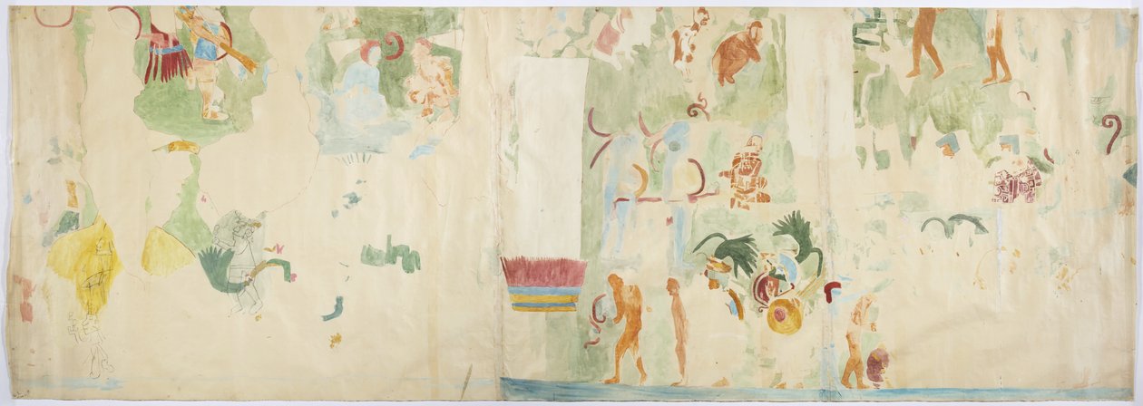 墨西哥奇琴伊察美洲虎上庙北墙西墙的壁画追踪   （水彩和体色） 作者 阿黛拉·布雷顿（Adela Breton）