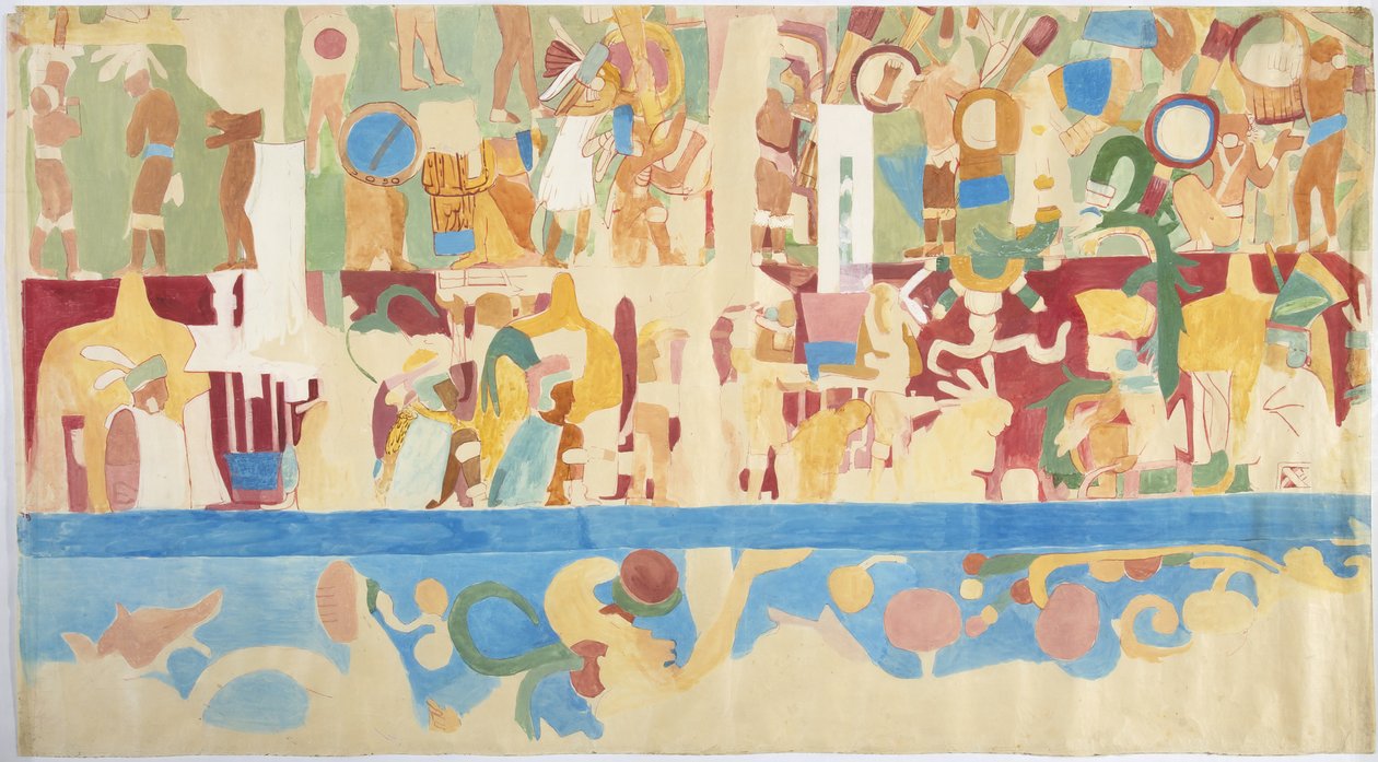 Tracing of a wall painting from south wall, inner chamber, Upper Temple of the Jaguars,Great Ball Court at Chichen Itza, Mexico paint (watercolor & bodycolour) 作者 阿黛拉·布雷顿（Adela Breton）