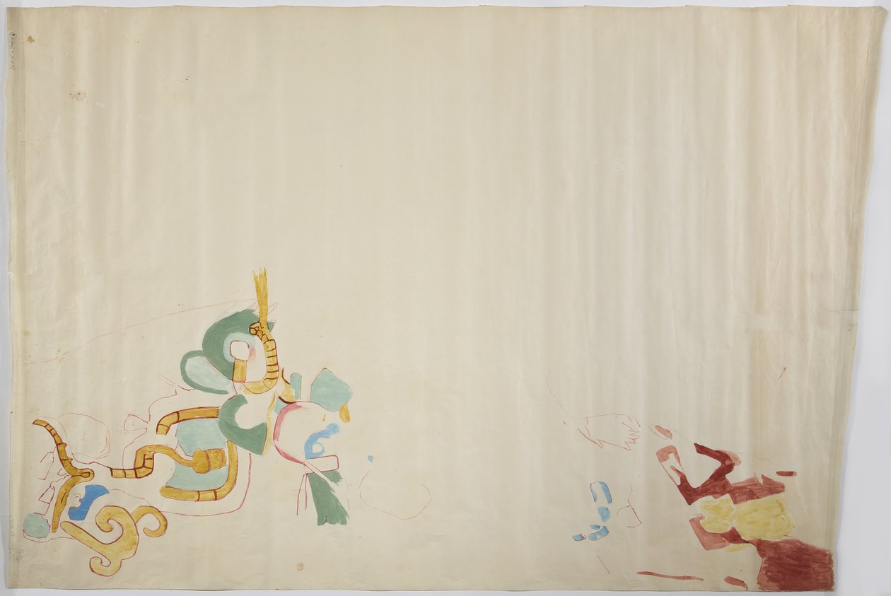 墨西哥奇琴伊察美洲虎上庙东墙的壁画描摹
 (水彩和人体彩绘) 作者 阿黛拉·布雷顿（Adela Breton）