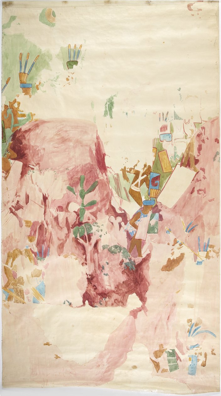 墨西哥奇琴伊察美洲虎上庙东墙的壁画描摹
 (水彩和人体彩绘) 作者 阿黛拉·布雷顿（Adela Breton）