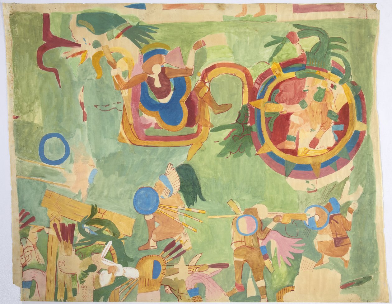 从内室追踪壁画，美洲虎上圣殿，南墙，Great Ball Court，墨西哥奇琴伊察（水彩和体色） 作者 阿黛拉·布雷顿（Adela Breton）