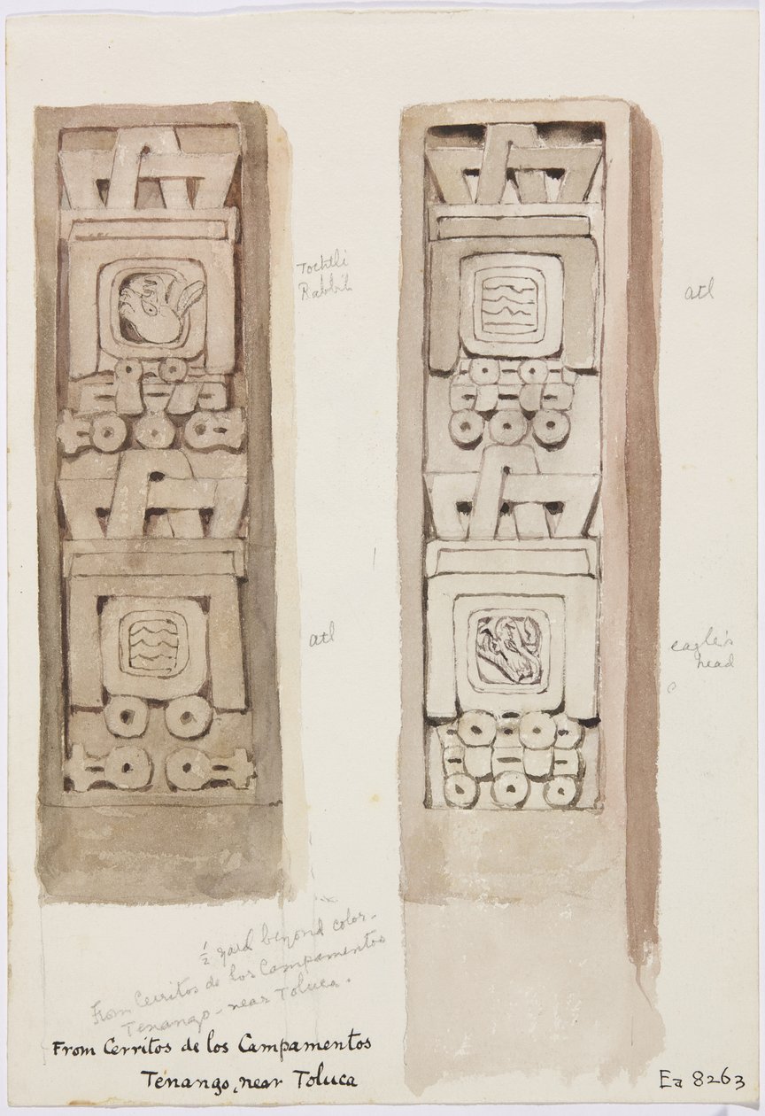 两列都显示石头浮雕，Cerritos de los Campamentos，Tenago，靠近墨西哥托卢卡（水彩） 作者 阿黛拉·布雷顿（Adela Breton）