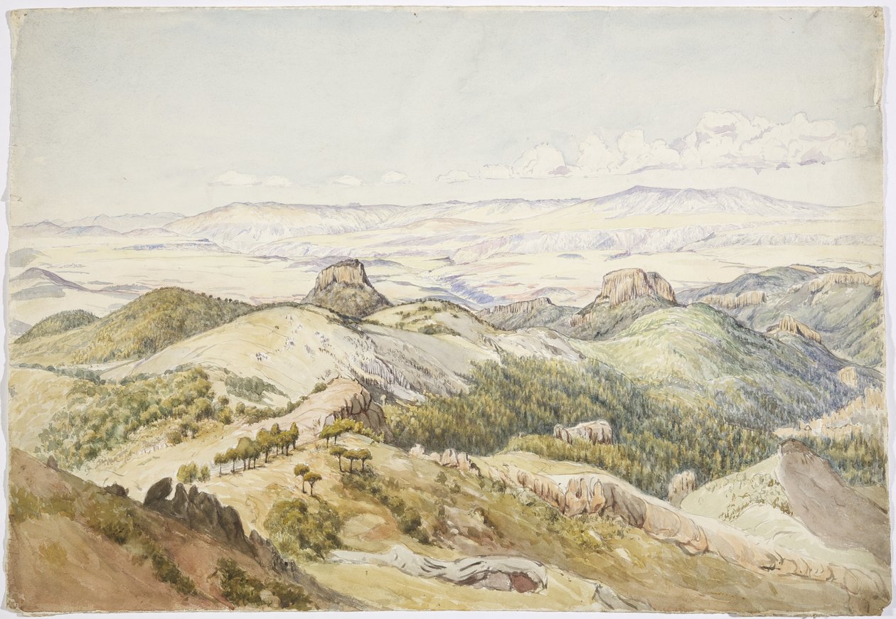 从 Cerro de Navajas 看，墨西哥伊达尔戈（水彩） 作者 阿黛拉·布雷顿（Adela Breton）