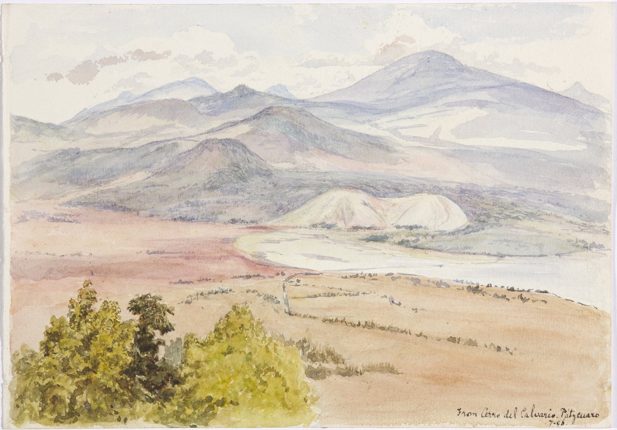 从 Cerro del Calvario 看，纸的一侧是 Patzcuaxo，另一侧是古代堡垒和石丘的景色，Iguatcho 从 Cerro del Calvario，Patzcuaro，米却肯州，墨西哥（水彩） 作者 阿黛拉·布雷顿（Adela Breton）