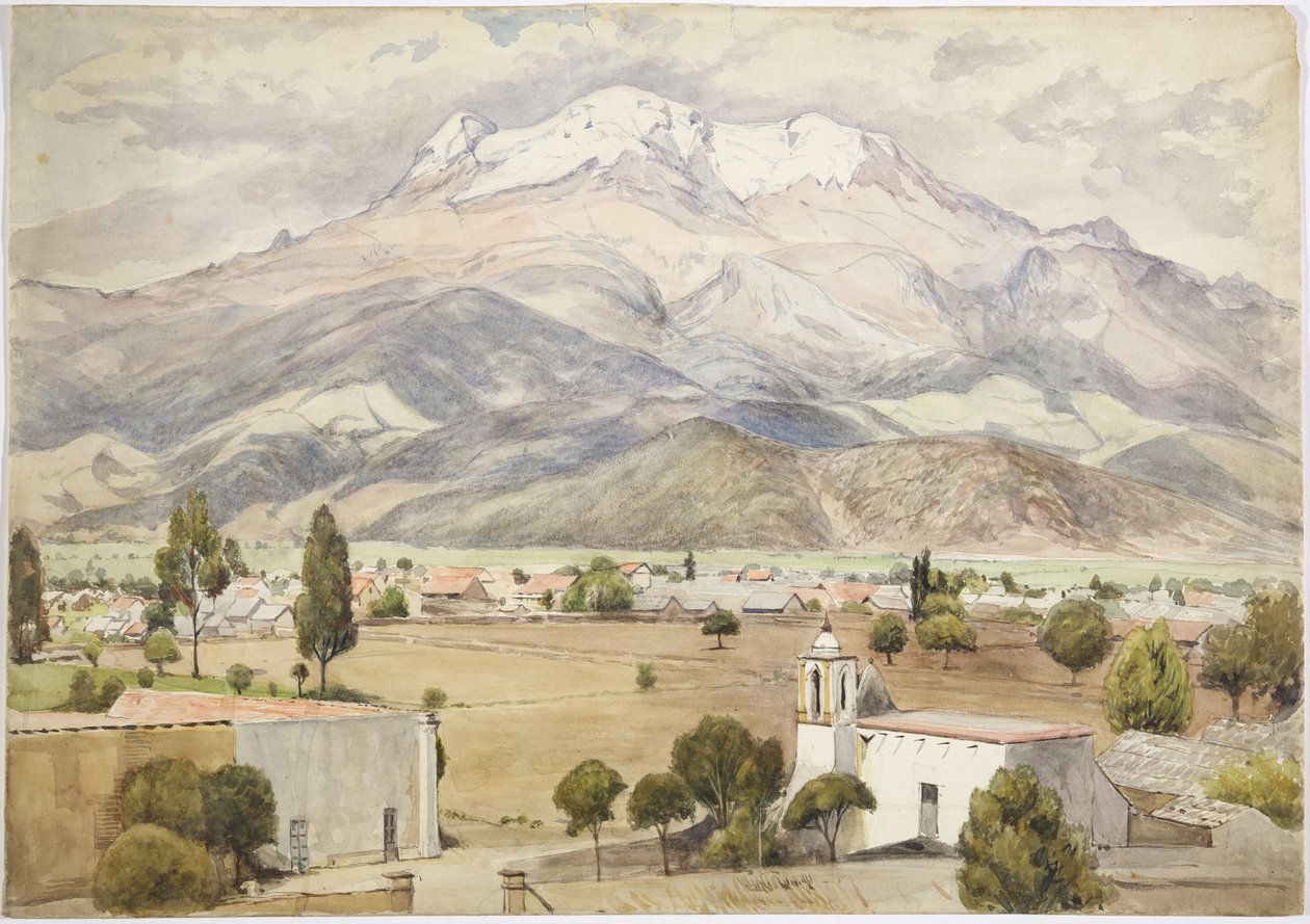 前面是村庄，后面是山（水彩画 作者 阿黛拉·布雷顿（Adela Breton）