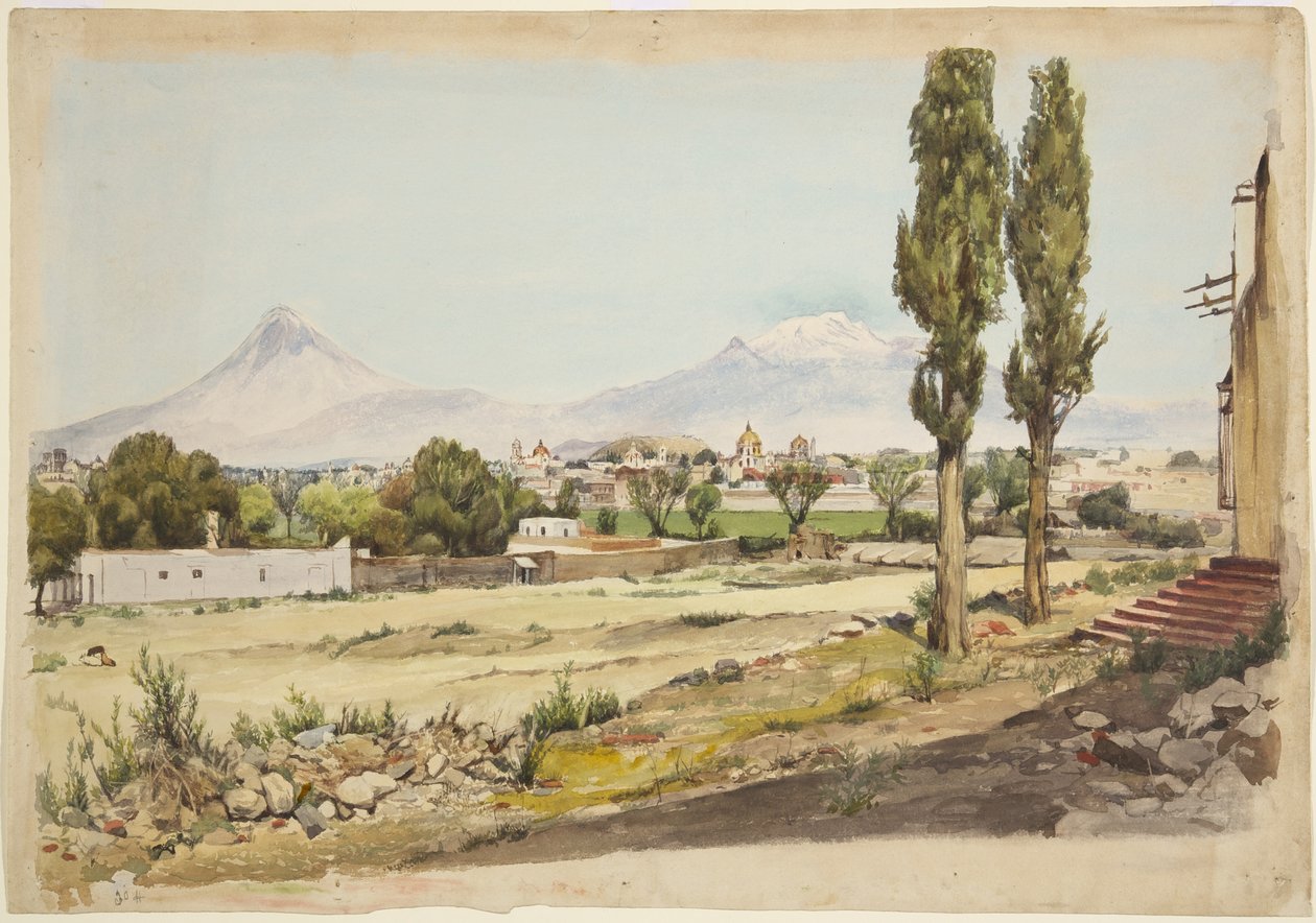 Popocatépetl 火山和 Iztaccíhuatl 火山，墨西哥普埃布拉（水彩） 作者 阿黛拉·布雷顿（Adela Breton）