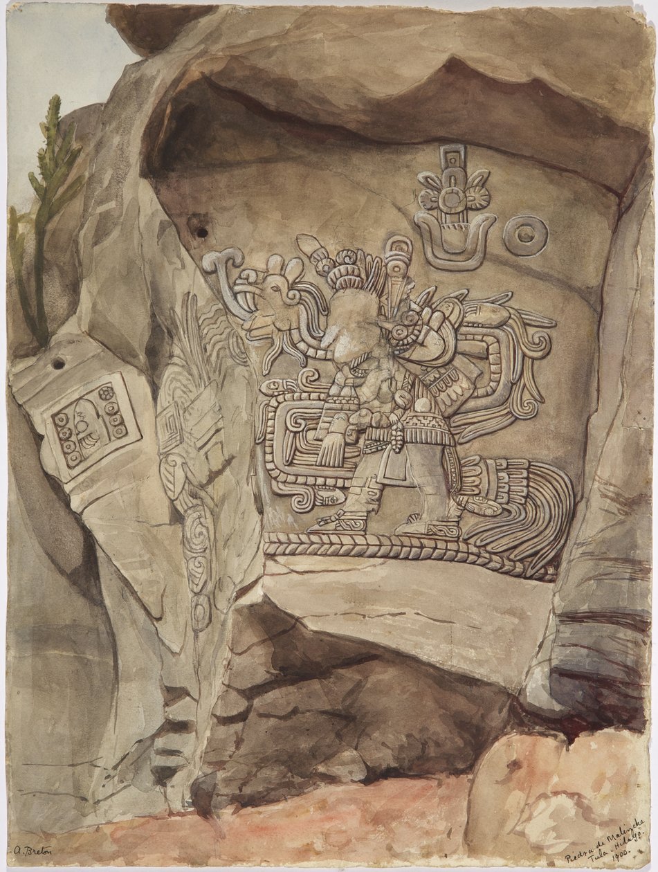 Piedra de Malinche，图拉，伊达尔戈，墨西哥的石头浮雕（水彩） 作者 阿黛拉·布雷顿（Adela Breton）