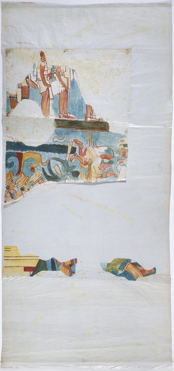 亚麻纸上的水彩画 墨西哥奇琴伊察，Casa de Monjas，一个大房间里的拱顶壁画的描摹（水彩和体彩 作者 阿黛拉·布雷顿（Adela Breton）