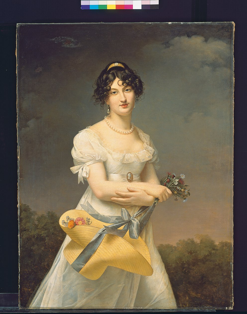 妮·蓬图瓦（Amélie-JustineLaidin de la Bouterie）的肖像，妮·蓬图瓦（Non Pontois）捧着一顶装满鲜花的帽子 作者 阿黛尔·罗曼尼（Adele Romany）