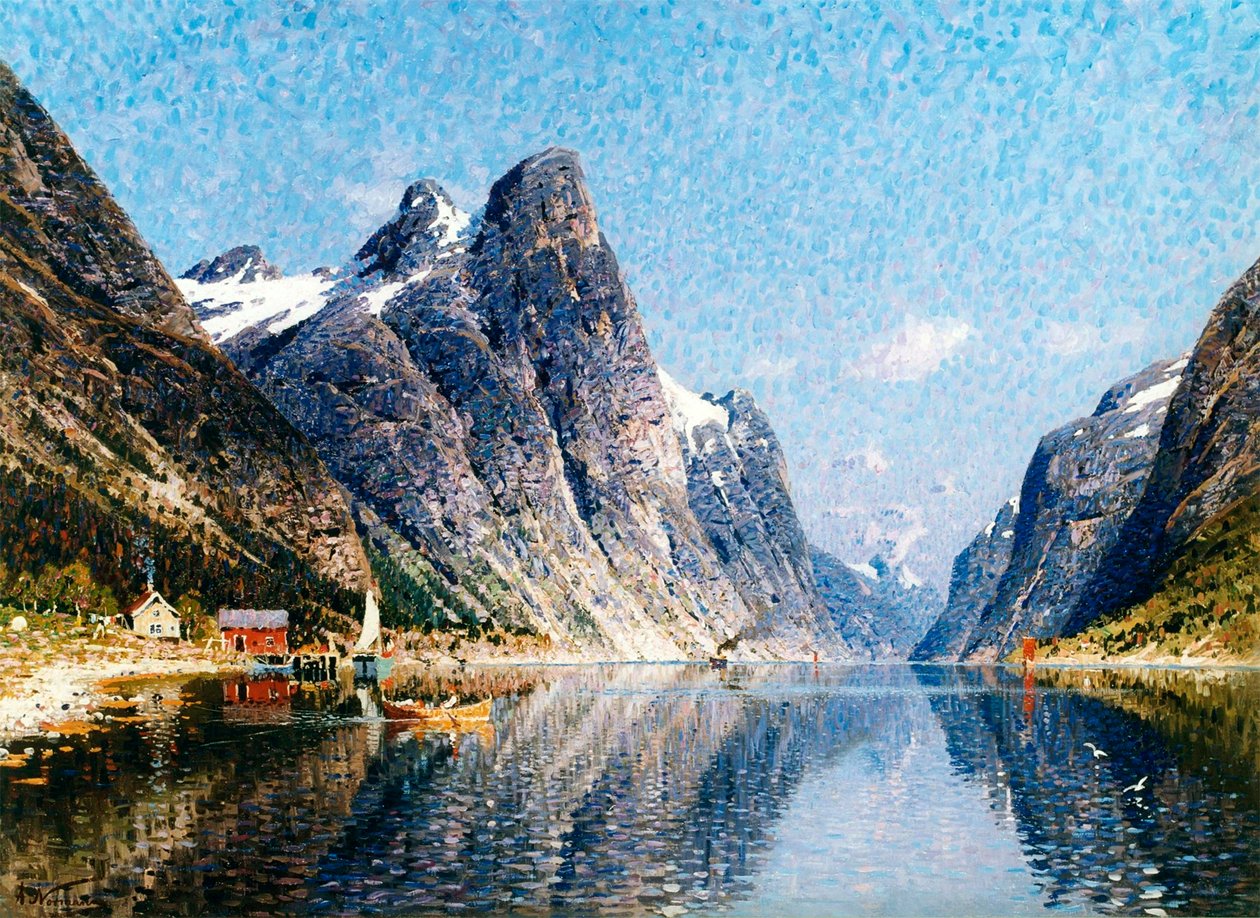 北欧的峡湾景象》。   作者 阿德尔斯汀·诺曼（Adelsteen Normann）