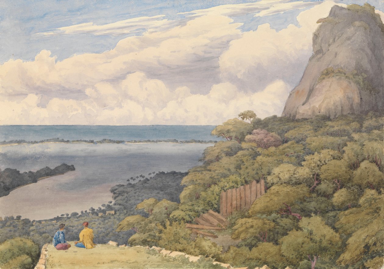 波拉波拉岛[社会群岛]，1849 年 9 月 5 日，从该岛东侧酋长村上方的一座被毁的土著堡垒上拍摄。 作者 海军上将爱德华·根尼斯·范肖爵士