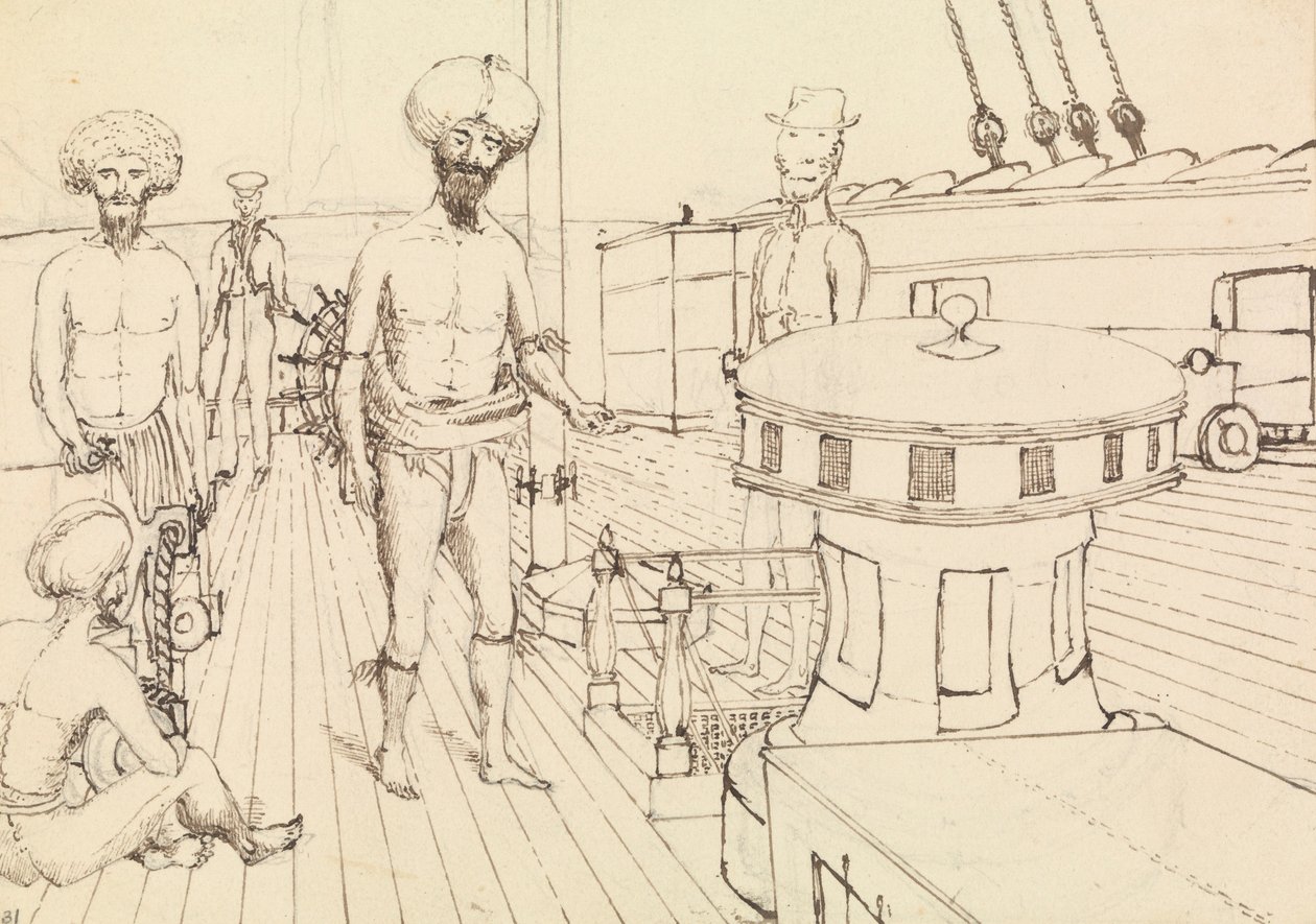 Seru [Seru Epenisa Cakobau (Thakombau)]，在船上，和 Masomalua (在帽子里)，1849 年 10 月 [斐济] 作者 海军上将爱德华·根尼斯·范肖爵士