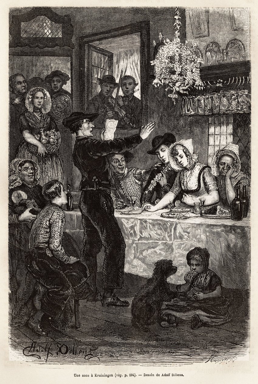 A wedding in Kruiningen, after the celebration of the wedding by the mayor, the feast brings together the cortege and the young wives in a cabaret, where the local poet received a compliment to the young spouses with the sound of the violin and a flute, en 作者 阿道夫·亚历山大·迪伦斯