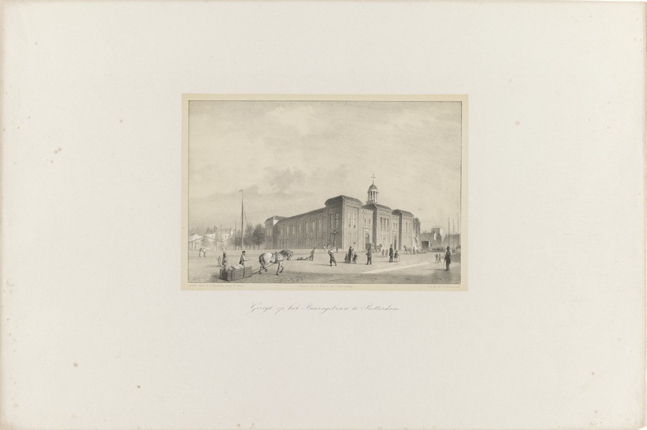 鹿特丹布尔日布宫景观，1854 年
鹿特丹 Beursgebouw 景观（物品上的标题）
音乐促进会、其音乐节和鹿特丹市。1854 年纪念（文物上的系列标题） 作者 阿道夫·卡雷尔·纳宁克