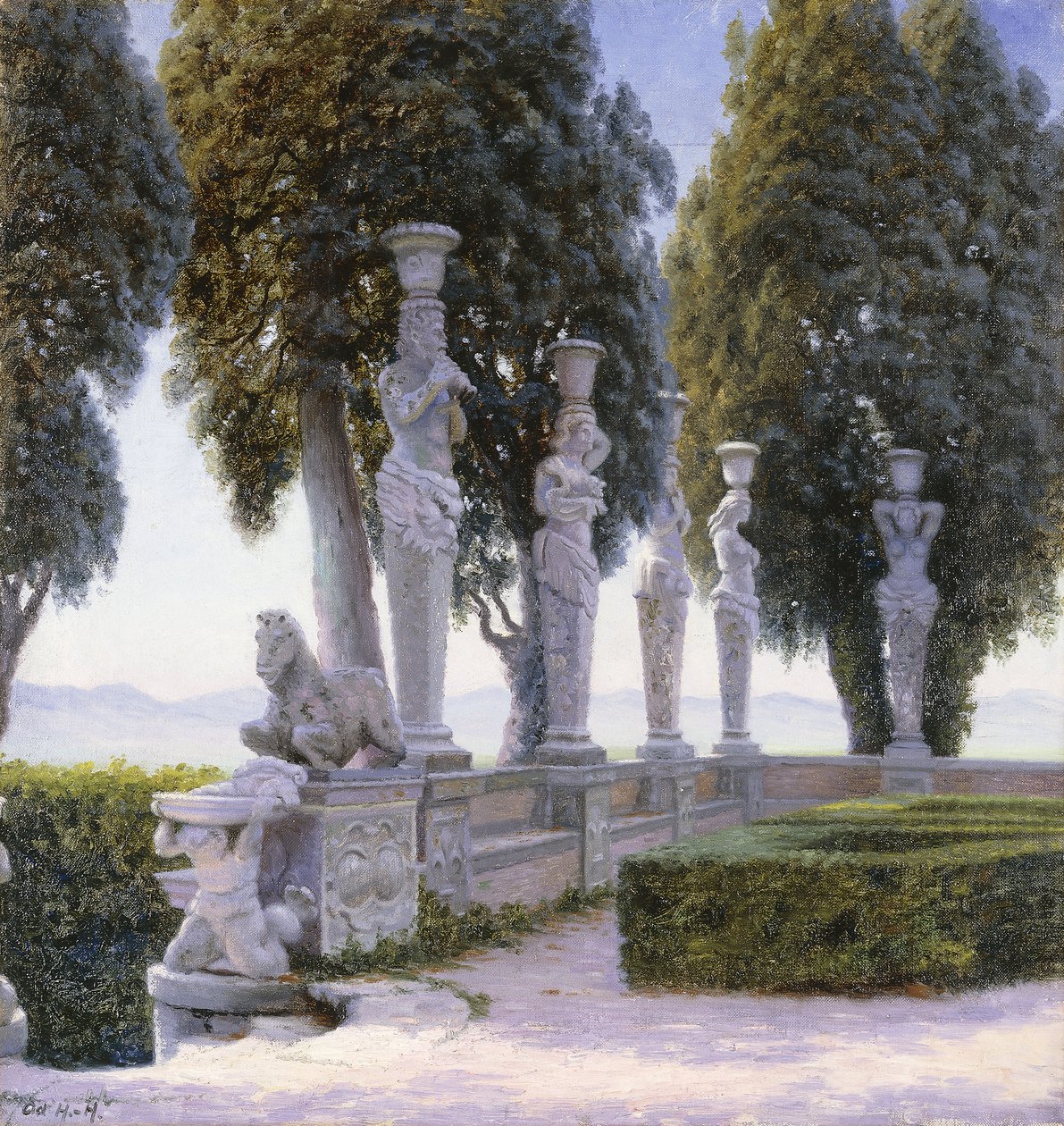 在卡普拉拉拉的法尔内塞别墅（Varnes Farnese）地面上的女像柱广场；卡普拉蒂拉的法尔内塞宫公园里的加莱蒂迪广场（Piazzale delle Cariatidi） 作者 阿道夫·海因里希·汉森（Adolf Heinrich Hansen）