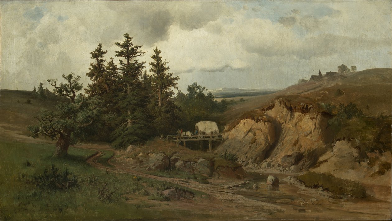 木桥景观 - 木桥景观 - 阿道夫·科萨雷克 (1830-1859)。 布面油画 作者 阿道夫·科萨里克（Adolf Kosareek）