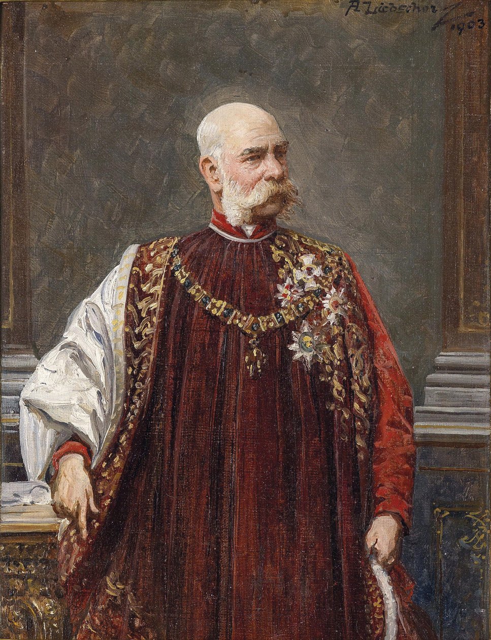 奥地利弗朗茨·约瑟夫一世（Franz Joseph I）肖像，作为黄金羊毛的大师，1903年 作者 阿道夫·利勃舍
