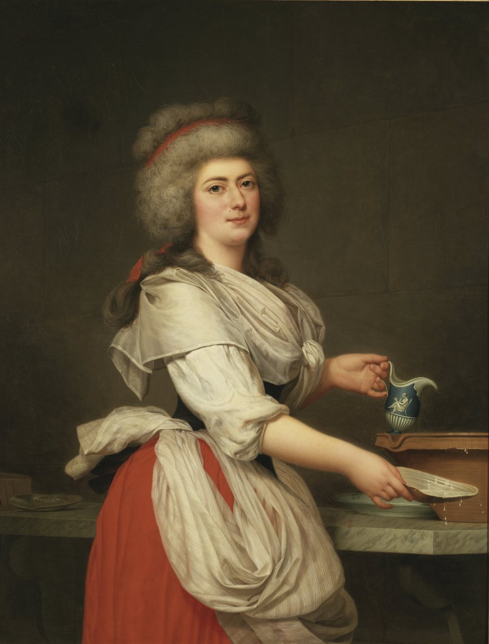 Adelaide Augie (ou Auguier), femme de chambre de la reine en laitiere au Trianon--玛丽-安托瓦内特王后的朋友Adelaide Aughie夫人，在特里亚侬宫做奶妈，由Wertmuller, Adolf Ulrik（1751-1811）创作。布面油画 作者 阿道夫·乌尔里希·沃特米勒