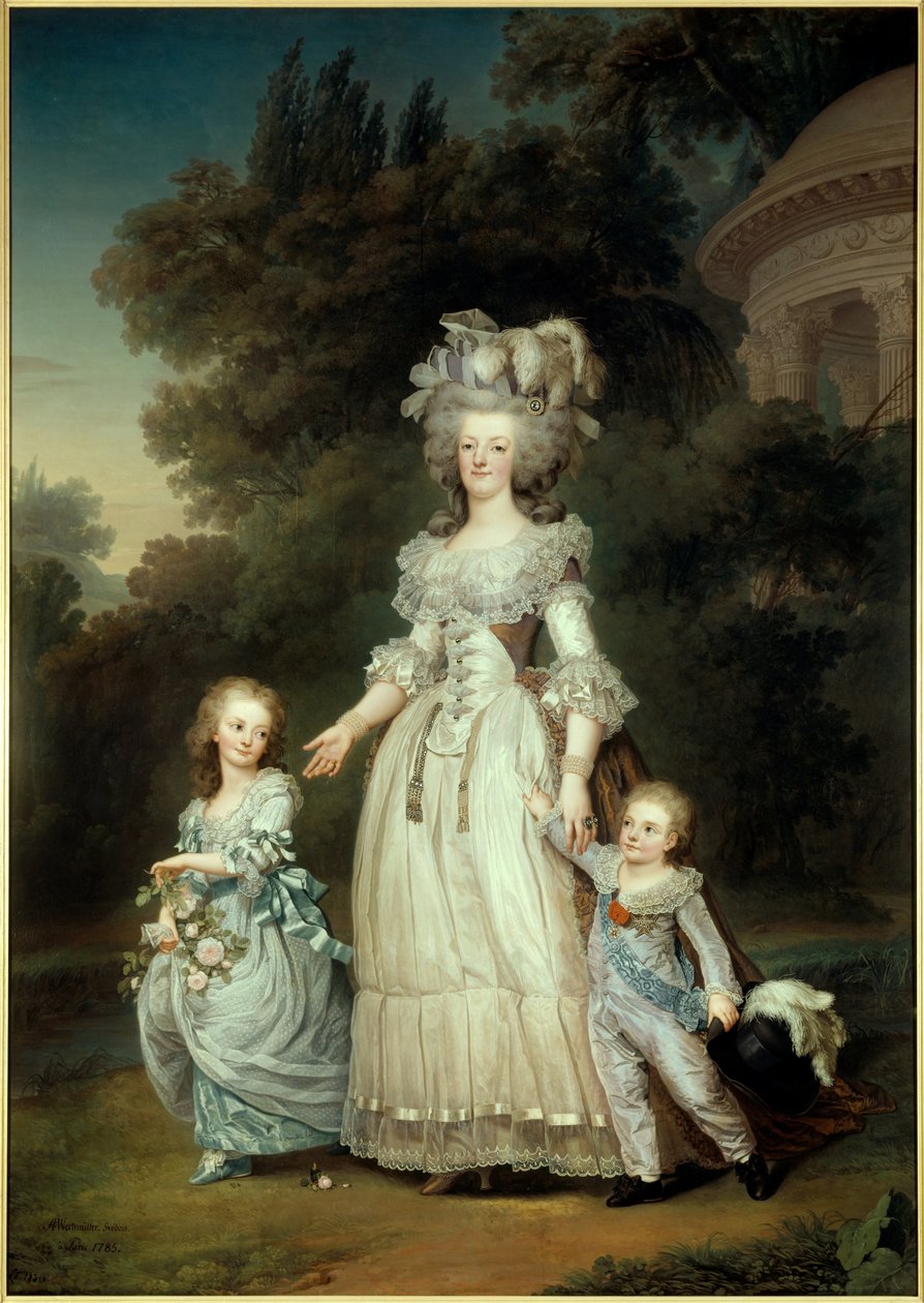 法国王后玛丽·安托瓦内特 (1754-1793) 与玛丽·特蕾莎或皇家夫人 (1778-1851) 以及第一个路易·约瑟夫·泽维尔·弗朗索瓦或路易·德·弗朗索瓦 (1781-1789) 步行穿过特里亚农宫花园的肖像 广告绘画 作者 阿道夫·乌尔里希·沃特米勒