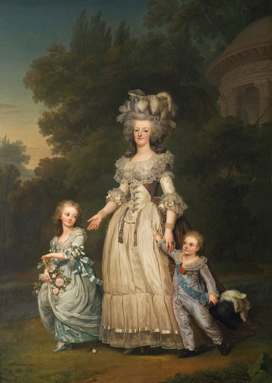 法国皇后玛丽·安托瓦内特（Marie Antoinette）和两个孩子在特里亚农公园（Trianon）散步，1785年 作者 阿道夫·乌尔里希·沃特米勒